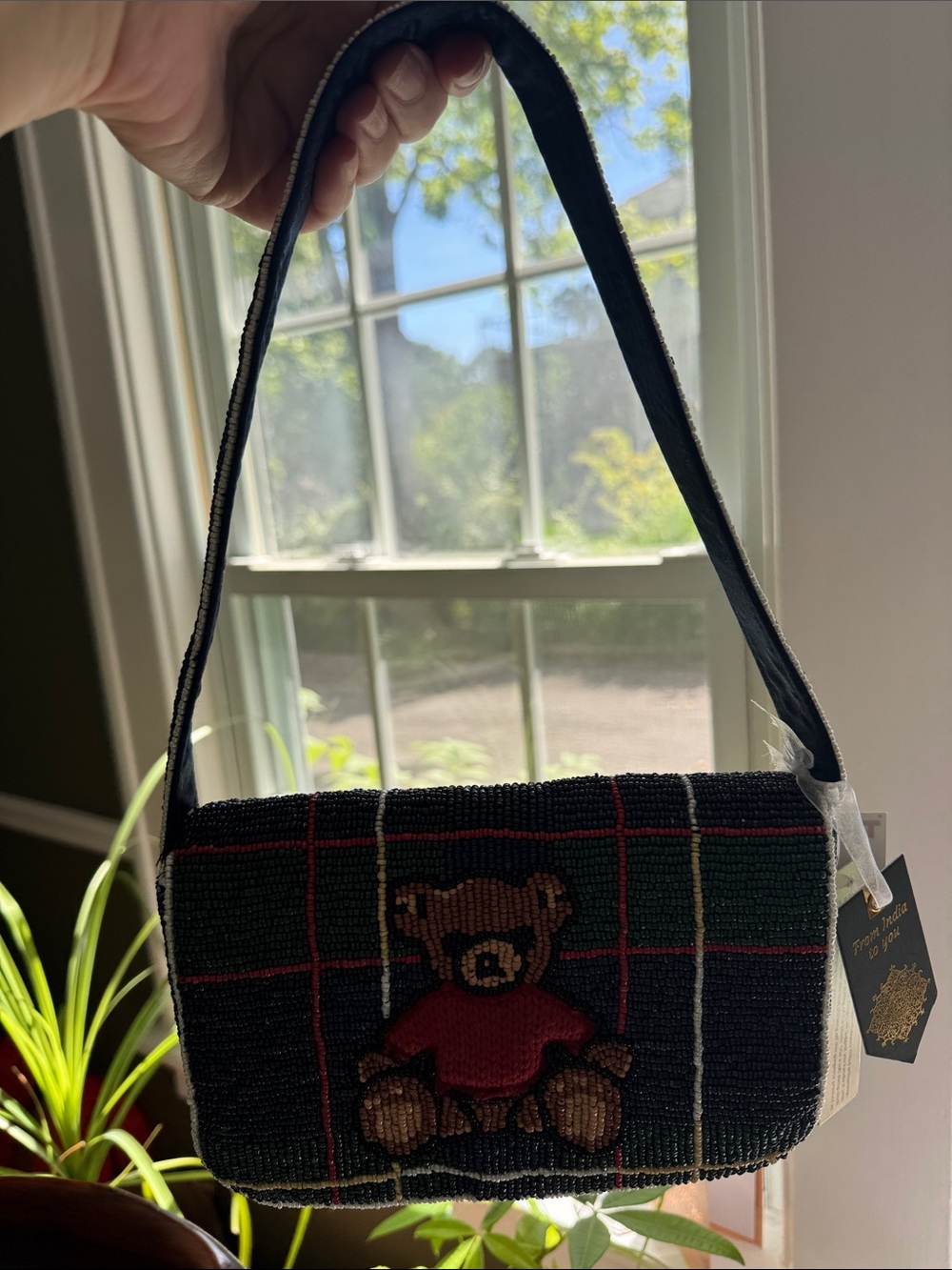 NWT Beaded Teddy Plaid Bag - Navy & Green Plaid